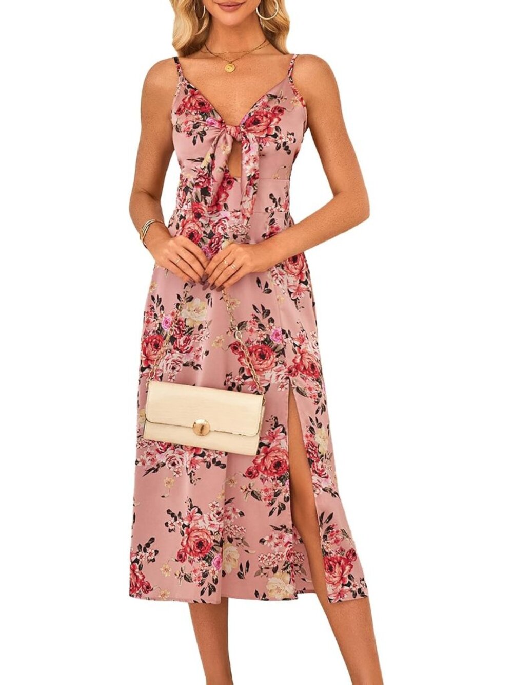 〽️Women Pink Floral Satin Midi Dress Spaghetti Strap Tie Front Side Slit A Line